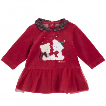 Платье Chicco, принт Мишки велюр, длинный рукав, цвет красный (ошибка)