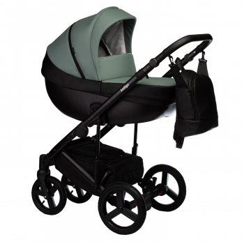 Коляска 3 в 1 Indigo TOUR ECO  — черная кожа+шалфей кожа