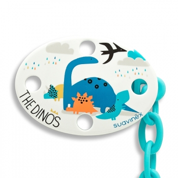 Держатель Suavinex д/пустышки от 0 мес. с овальным зажимом — бел.динозавр