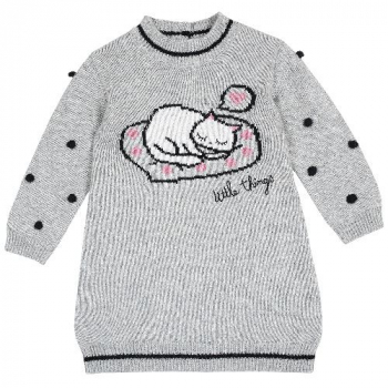 Платье Chicco, принт котик, длинный рукав, цвет светло-серый (ошибка)