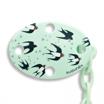 Держатель Suavinex д/пустышки от 0 мес. с овальным зажимом — зел.ласточки