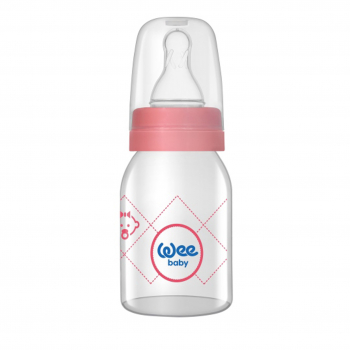 Бутылочка для кормления с силиконовой соской р-р 1 WeeBaby Стеклянная, 125 мл — Розовый квадрат