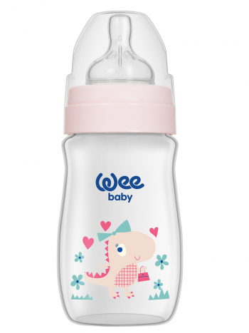 Бутылочка  для кормления с широким горлышком с силиконовой соской р-р 1, WeeBaby Classic Plus 250 мл — Розовый Динозавр