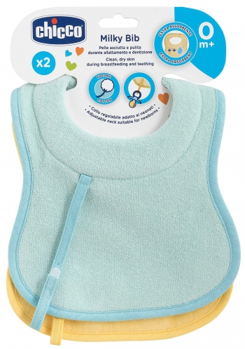 Нагрудник Chicco Milky 0 мес.+, 2 шт. — голубой/желтый