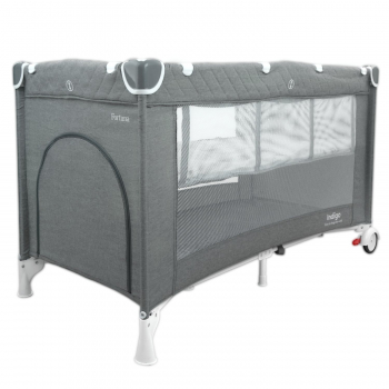 Манеж-кровать Indigo Fortuna, лен, 2 уровеня, москитка, 2 кольца — Серый