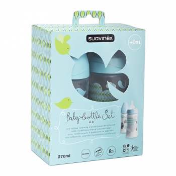 Набор Suavinex бутылочек 270мл от 0 мес. 2шт. с силиконовой круглой соской — Голубой с птичками