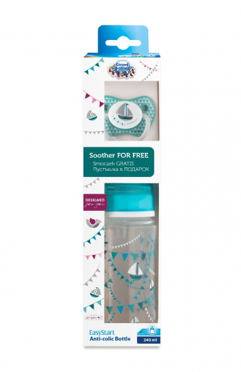 Набор Canpol Let’s Celebrate арт. 0/164 (бутылочка 3 мес.+ 240 мл + пустышка силик. анат. 6-18 м) — голубой