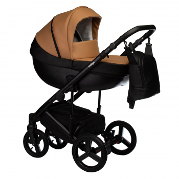 Коляска 3 в 1 Indigo TOUR ECO  — черная кожа+рыжая кожа