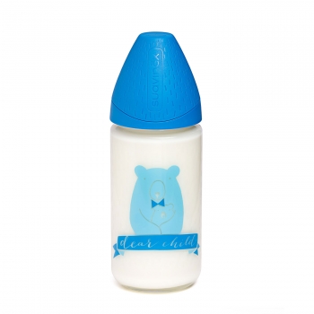 Бутылка Suavinex 0+ 240мл "Meaningful Life" с круглой с силиконовой соской (стекло) — син.мишка