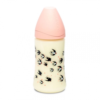 Бутылка Suavinex 270мл от 0мес с круглой латексной соской "3потока" — роз.ласточки