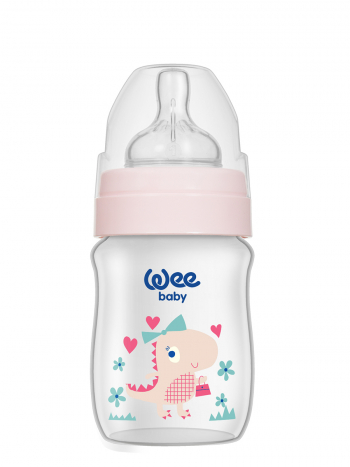 Бутылочка  для кормления с широким горлышком с силиконовой соской р-р1, WeeBaby Classic Plus, 150 мл — Розовый Динозавр