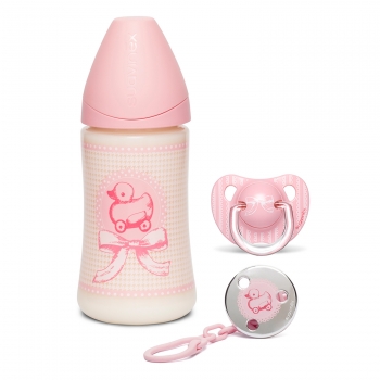 Набор Suavinex бутылочка 270мл с анатом.силиконовой соской+пустышка+держатель от 0 до 6мес TOY — Розовый