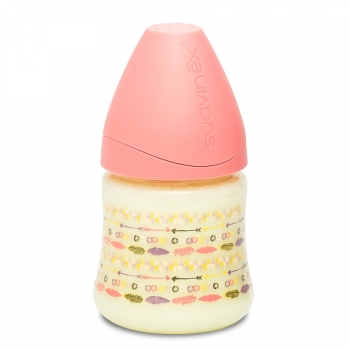 Бутылка Suavinex 150мл от 0мес с круглой латексной соской "3потока" — Розовый индеец