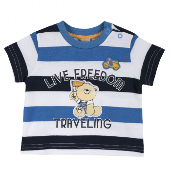 Футболка Chicco, принт мишка live freedom traveling (бело-сине-чёрная полоска)