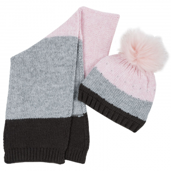 Шапка с шарфом Chicco, чёрно-серо-розовая полоска