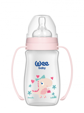 Бутылочка  для кормления WeeBaby Classic Plus, с ручкой, 250 мл с широким горлышком с силик соской — Розовый Динозавр