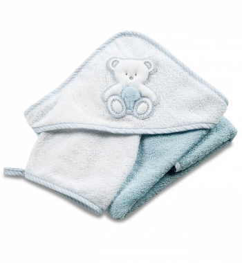 Махровое полотенце с капюшоном с вышивкой Italbaby PELUCHE (75*75 см), мочалка — голубой