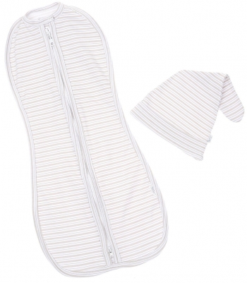 Комплект для новорожденного из двух предметов Веселый Малыш полоски, бежевый (пеленка-кокон,шапочка) — р.62-68