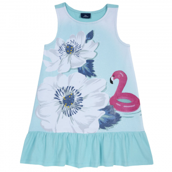 Платье Chicco, принт цветы и фламинго (бело-голубой)