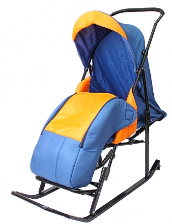 Санки-коляска RT Шустрик-Имго-6 на колесиках с горизонтальным положением спинки — синий-оранжевый