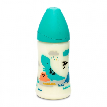 Бутылка Suavinex 270мл от 0мес с круглой латексной соской "3потока" — гол.динозавр