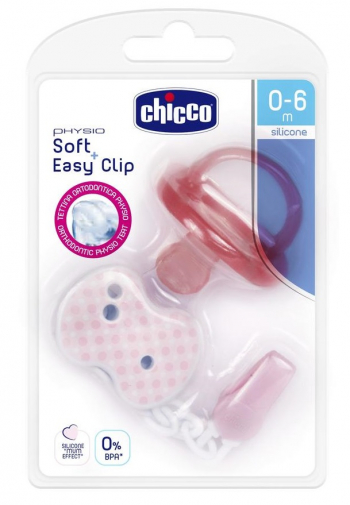 Пустышка Chicco Physio Soft + прищепка, силикон, 0-6м — Розовый