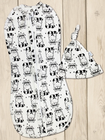 Комплект для новорожденного из двух предметов Веселый Малыш Еноты (пеленка-кокон,шапочка) — р.56-62