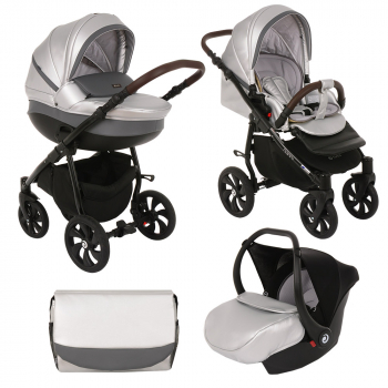 Коляска 3 в 1 Tutis Nanni (эко-кожа) — Кожа Серебро+Тем.серый