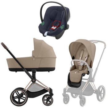 Коляска 3 в 1 Cybex Priam IV Rosegold Cozy Beige и автокресло Aton B2 i-Size — (Bay Blue)
