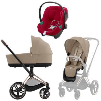 Коляска 3 в 1 Cybex Priam IV Rosegold Cozy Beige и автокресло Aton B2 i-Size — (Dynamic Red)