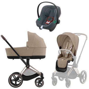 Коляска 3 в 1 Cybex Priam IV Rosegold Cozy Beige и автокресло Aton B2 i-Size — (Steel Grey)