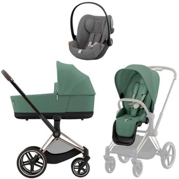 Коляска 3 в 1 Cybex Priam IV Rosegold Leaf Green и автокресло Cloud G i-Size — (Lava Grey)