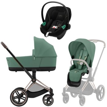 Коляска 3 в 1 Cybex Priam IV Rosegold Leaf Green и автокресло Aton S2 i-Size — (Moon Black)