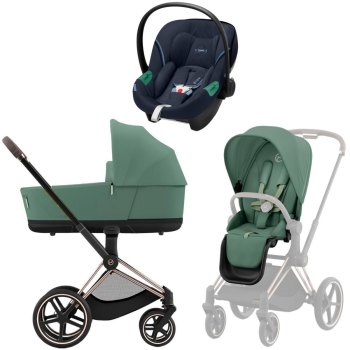 Коляска 3 в 1 Cybex Priam IV Rosegold Leaf Green и автокресло Aton S2 i-Size — (Ocean Blue)