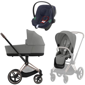 Коляска 3 в 1 Cybex Priam IV Rosegold Mirage Grey и автокресло Aton B2 i-Size — (Bay Blue)