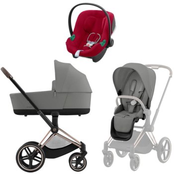 Коляска 3 в 1 Cybex Priam IV Rosegold Mirage Grey и автокресло Aton B2 i-Size — (Dynamic Red)