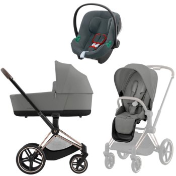 Коляска 3 в 1 Cybex Priam IV Rosegold Mirage Grey и автокресло Aton B2 i-Size — (Steel Grey)