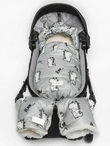 Конверт зимний меховой AMAROBABY Snowy Baby, 85 см — Динозавры, серый