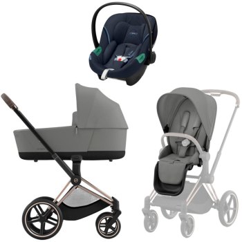 Коляска 3 в 1 Cybex Priam IV Rosegold Mirage Grey и автокресло Aton S2 i-Size — (Ocean Blue)
