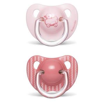 Набор Suavinex пустышек 2шт. с силикон.анатомичес.соской от 6 до 18мес "TOY" — розовый с игрушкой