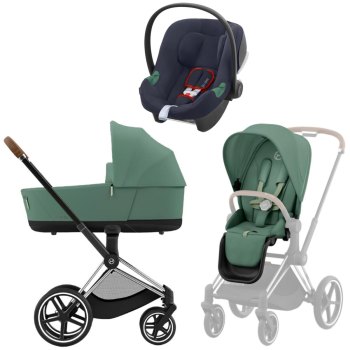Коляска 3 в 1 Cybex Priam IV Chrome Brown Leaf Green и автокресло Aton B2 i-Size — (Bay Blue)