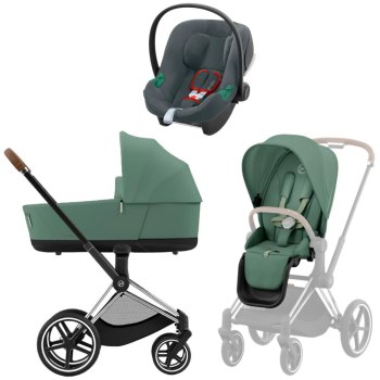Коляска 3 в 1 Cybex Priam IV Chrome Brown Leaf Green и автокресло Aton B2 i-Size — (Steel Grey)