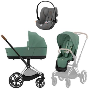 Коляска 3 в 1 Cybex Priam IV Chrome Brown Leaf Green и автокресло Cloud G i-Size — (Lava Grey)