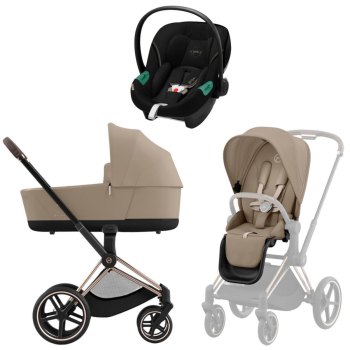 Коляска 3 в 1 Cybex Priam IV Rosegold Cozy Beige и автокресло Aton S2 i-Size — (Moon Black)