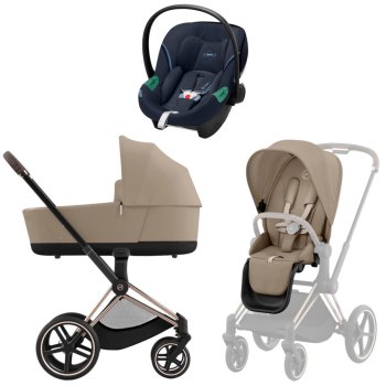 Коляска 3 в 1 Cybex Priam IV Rosegold Cozy Beige и автокресло Aton S2 i-Size — (Ocean Blue)