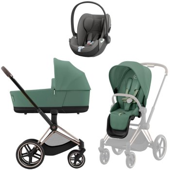 Коляска 3 в 1 Cybex Priam IV Rosegold Leaf Green и автокресло Cloud T i-Size — (Mirage Grey)