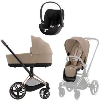 Коляска 3 в 1 Cybex Priam IV Rosegold Cozy Beige и автокресло Cloud T i-Size — (Sepia Black)