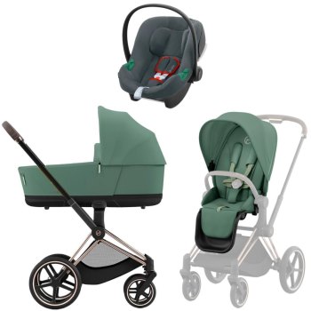 Коляска 3 в 1 Cybex Priam IV Rosegold Leaf Green и автокресло Aton B2 i-Size — (Steel Grey)