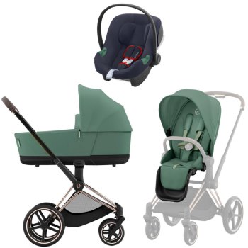 Коляска 3 в 1 Cybex Priam IV Rosegold Leaf Green и автокресло Aton B2 i-Size — (Bay Blue)