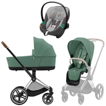 Коляска 3 в 1 Cybex Priam IV Chrome Brown Leaf Green и автокресло Aton S2 i-Size